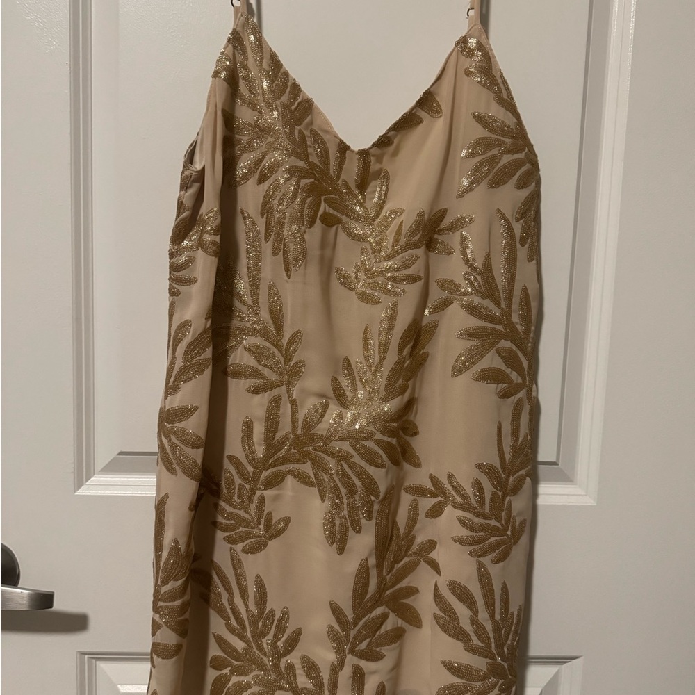 Show Me Your MuMu Beige Slip Dress with Gold Sequin Leaf Motif